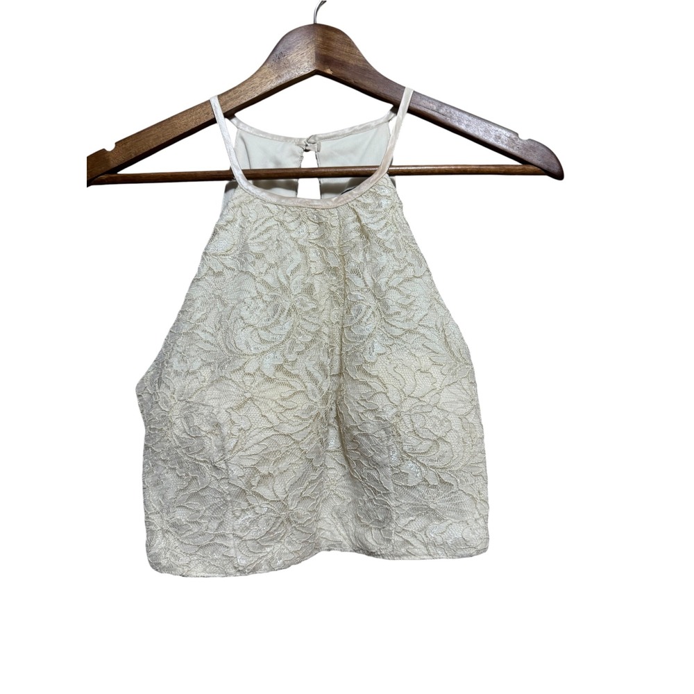 B. Darlin Lace Crop Top Womens 9/10 Cream Shimmer Excellent Halter Keyhole Back